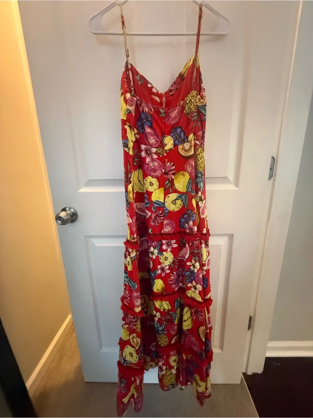 Aqua Red Tropical Fruit Tiered Maxi Dress